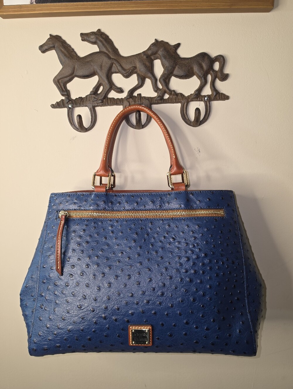 Dooney & Bourke Blue Ostrich-Embossed Satchel Tote Tan Handles